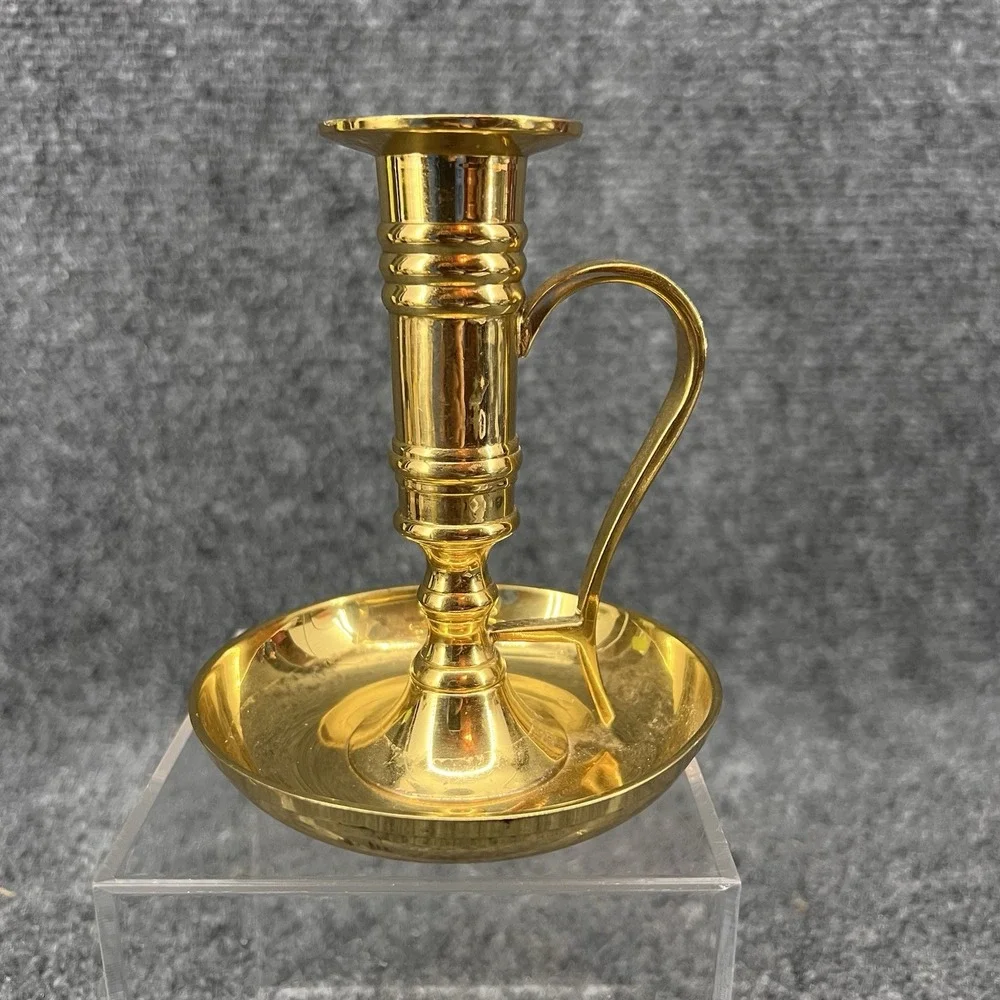 Vintage Brass Chamberstick Candle Holder w/ Finger Loop Handle Drip Tray  4.5